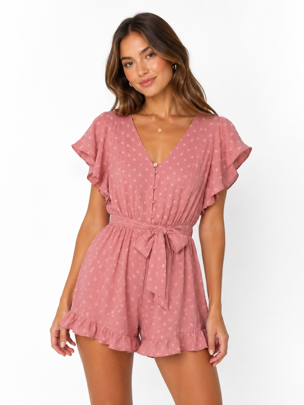 Umgee Boho Cottagecore Romper - Swiss Dot Flutter Sleeve - Ruffle Hem